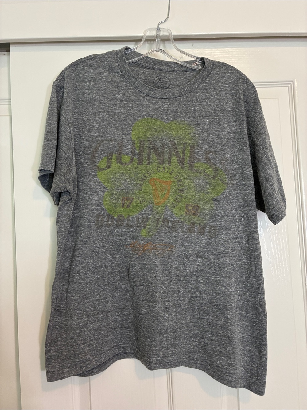 Guinness Heather Gray Tee with Green Shamrock Graphic